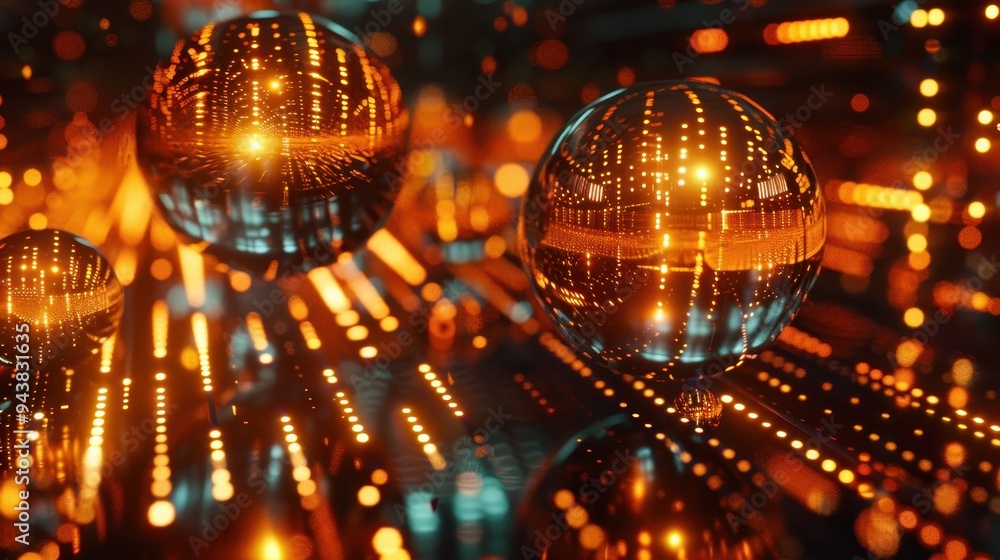 Poster abstract digital rendering with glowing orange lights, reflecting spheres, and a futuristic, circuit