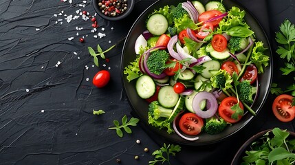 A vibrant mix of freshly picked garden vegetables served with a homemade herb dressing, photographed from above on a dark wooden table, highlighting the vivid colors and freshness of the vegetables,