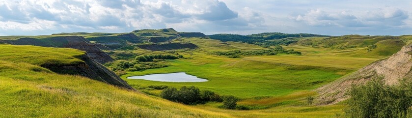 Obraz premium Breathtaking landscape showcasing rolling hills, lush greenery, and a serene pond under a vast sky, perfect for nature lovers.