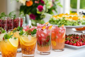 Colorful summer cocktails with fruit, ice, and citrus garnishes.