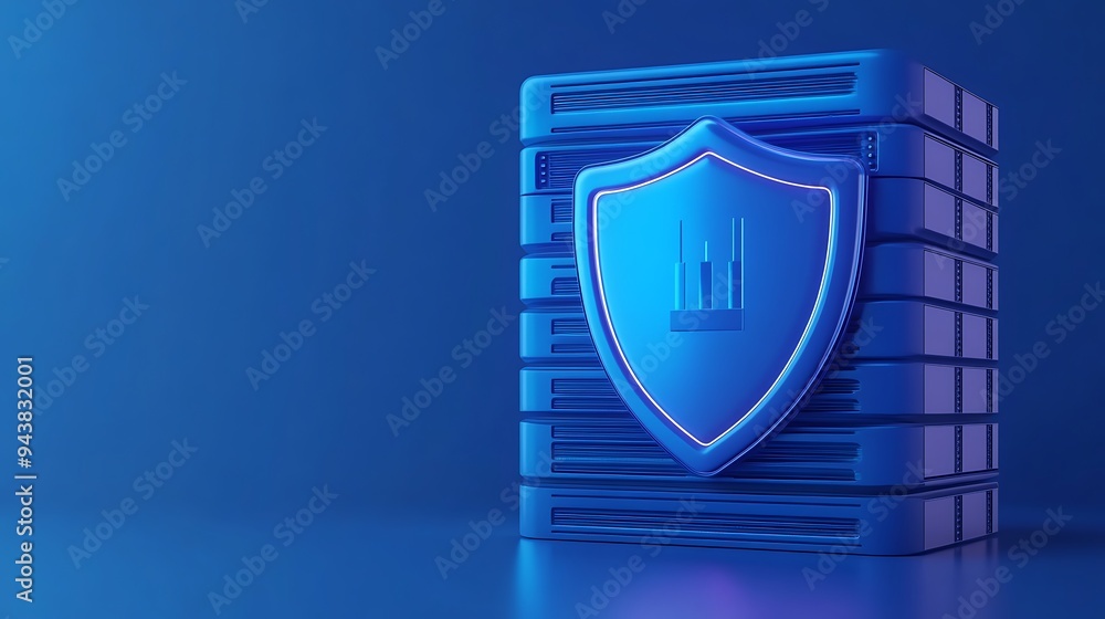 Poster blue shield and server concept for cybersecurity and data protection in modern technology on a blue 