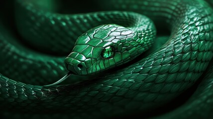 Fototapeta premium Intricately carved green snake with bright emerald eyes, symbolizing 2025.