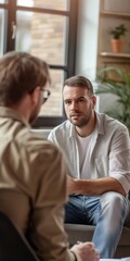 Fototapeta premium A professional psychologist in an office providing therapy and support to a depressed young man sitting on a couch.