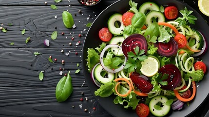 A vibrant salad featuring spiralized zucchini, carrots, and beets, lightly dressed with lemon and olive oil, photographed from above on a dark wooden table, highlighting the vivid colors and textures,