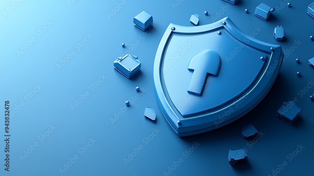 Poster blue shield with lock symbol on a blue background, representing cybersecurity and data protection. d