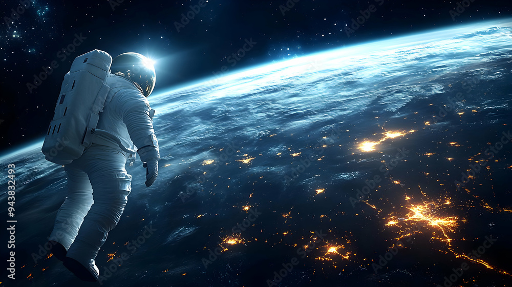 Poster astronaut floating in space with earth in the background.