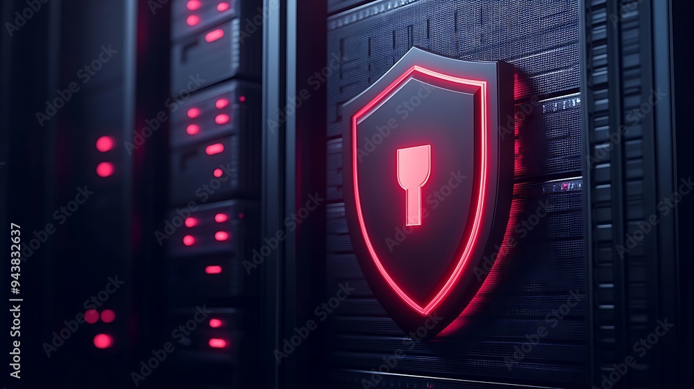 Poster close-up of a digital shield icon symbolizing cybersecurity and data protection in a dark server env
