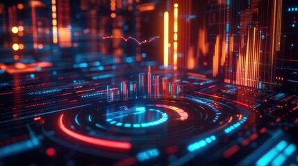 Obraz premium Complex data visualized through layered 3D bar charts and pie graphs, with glowing edges and digital effects in a futuristic space --ar 16:9 --v 6.1 Job ID: 8922cee1-6f5a-417f-b5b3-96e479135104