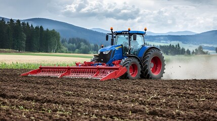 Fototapeta premium A powerful blue tractor plowing a field under an overcast sky.