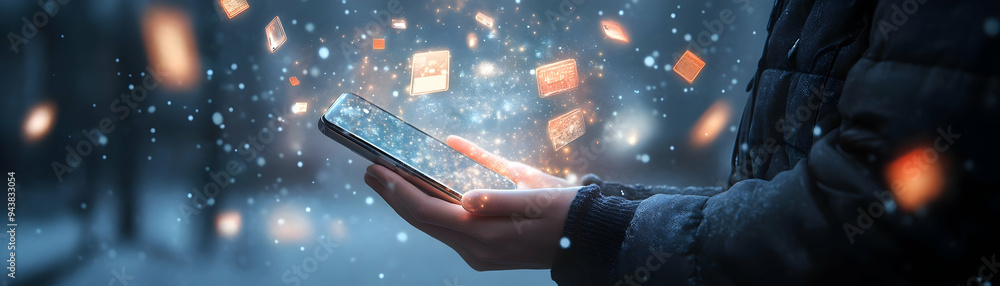Poster person with magic phone and floating messages concept as a person holding a magic phone with floatin
