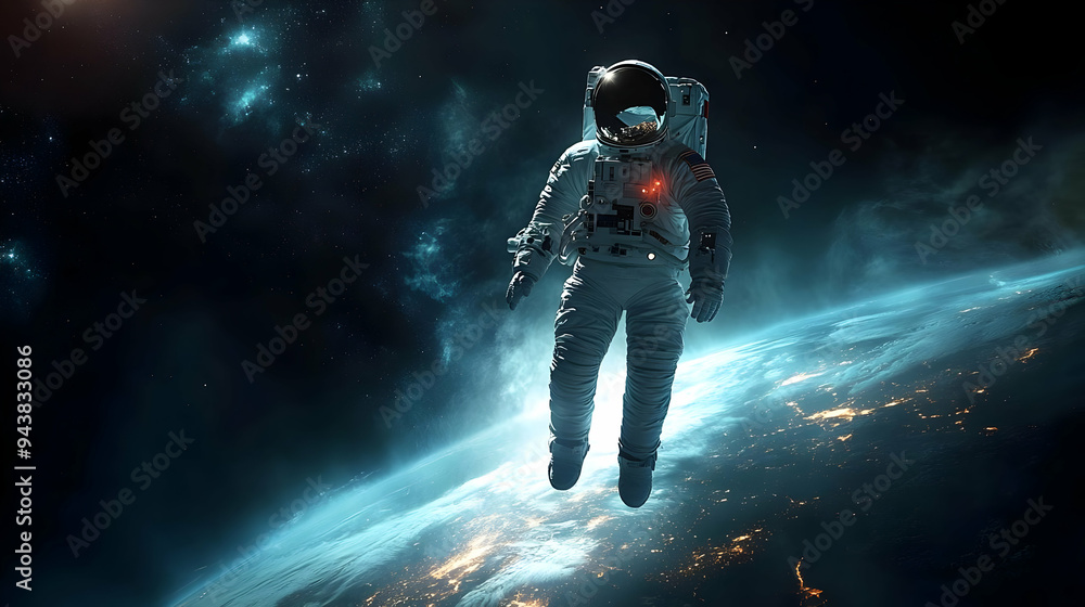 Poster astronaut floating in space with earth in the background.
