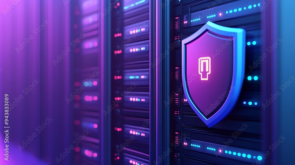 Poster close-up of server racks with a digital security shield, symbolizing cybersecurity and data protecti