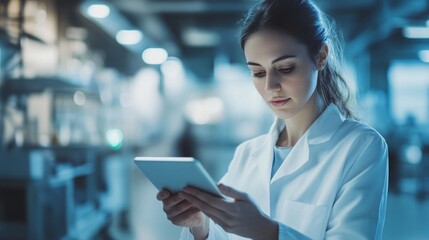 Young female scientist in white lab coat using digital tablet in modern laboratory, illuminated by blue light, focused on research data analysis.
