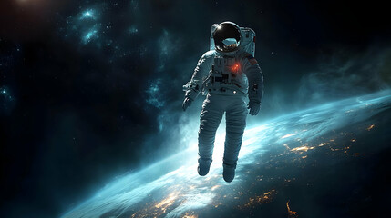 Astronaut floating in space with Earth in the background.