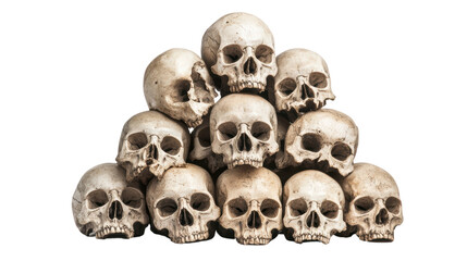 Pile of Human Skulls on a Clean White Background Symbolizing Mortality and History