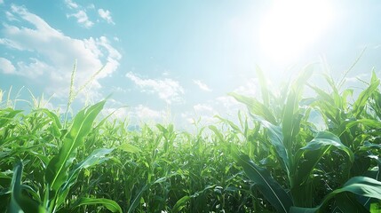 Lush green cornfield under a bright sky with sunlight filtering through clouds.