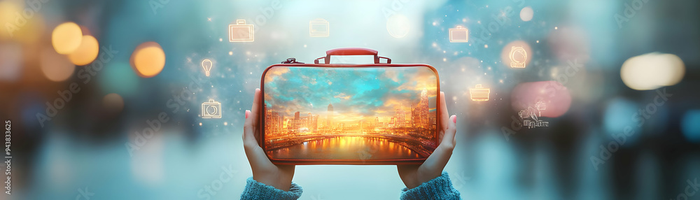 Poster person with magic suitcase and floating travel icons concept as a person holding a magic suitcase wi