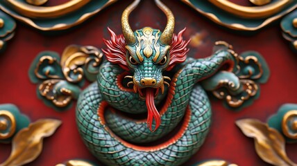 Obraz premium Beautifully crafted green snake with gold details and red tongue, marking the 2025 Chinese zodiac.
