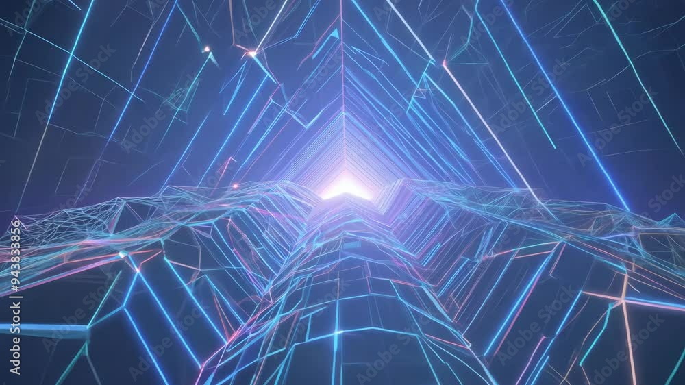 Poster exploring a vibrant futuristic tunnel illuminated by neon lights and dynamic patterns at night