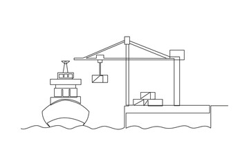 Single continuous line drawing of Warehouse, shipping, port, cargo activity and all about port activity. port and cargo minimalist concept. Simple line.