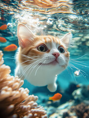 Yellow cat with white fur on its face and paws swims in a blue underwater world, the water in which is crystal clear, in the background there are fish, a coral reef and aquatic plants, an aquarium