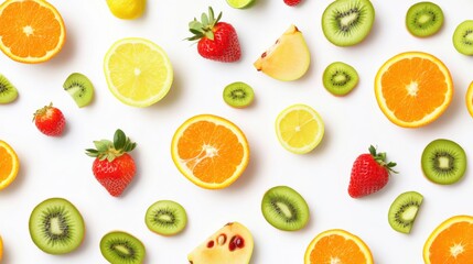 Flat view mixing different of fruits oranges, kiwi, lime, strawberries, lemon isolated on white background,