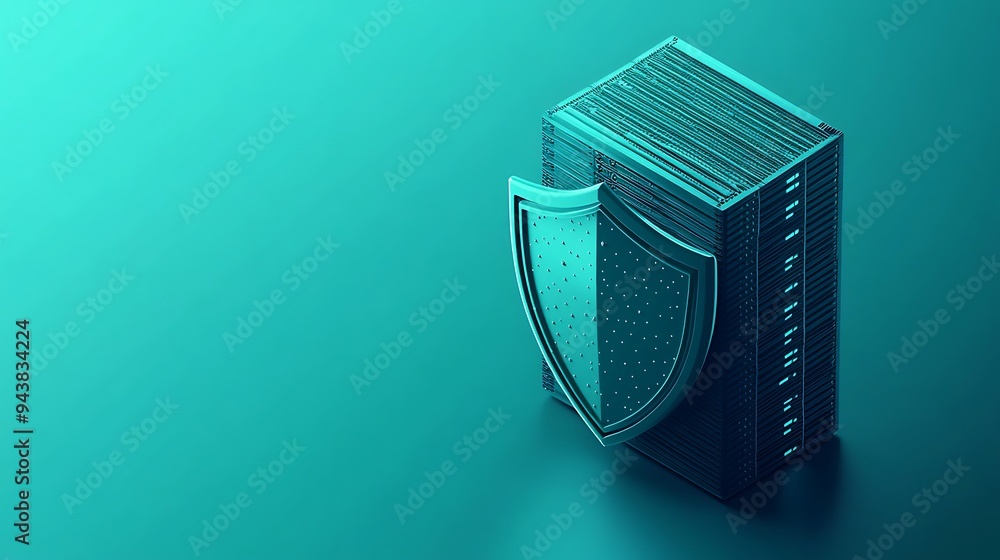 Poster cybersecurity concept with a data server protected by a shield. symbol of information security, digi