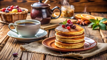 - Cozy Breakfast Vibes: Warm and inviting, aroma of coffee, fluffy pancakes, rustic table setting, cozy ambiance
