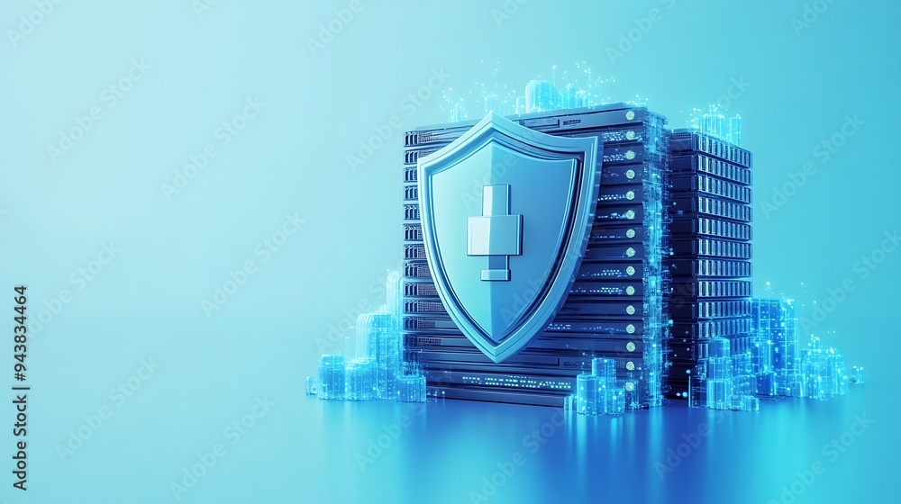 Aufkleber cybersecurity concept with a digital shield icon defending data servers, representing protection and
