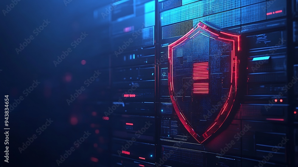 Aufkleber cybersecurity concept with a glowing red shield symbol on a dark background representing network sec