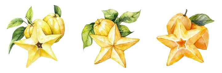 Fototapeta premium A sweet starfruit, fruit element, watercolor illustration, tropical yellow, isolated on white background