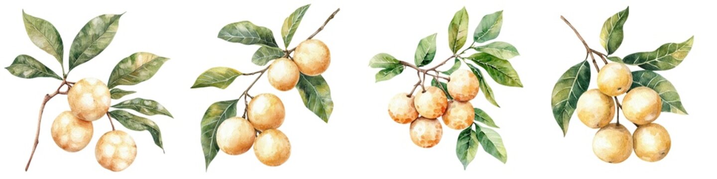 A sweet longan, fruit element, watercolor illustration, delicate shades, isolated on white background
