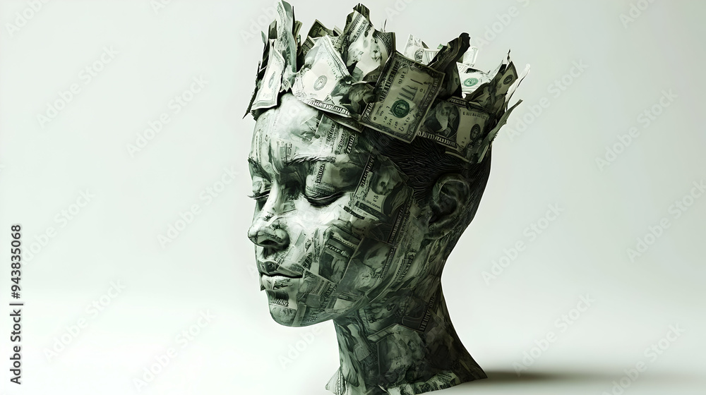 Poster 3d icon person with money crown concept as a person wearing a crown made of money set against a clea