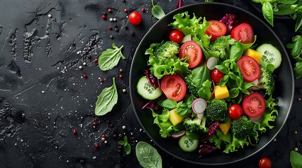 An artistic shot of a dark plate filled with a salad of traditional vegetables and exotic fruits like mango and papaya, set against a dark background, focusing on the vivid colors and textures,