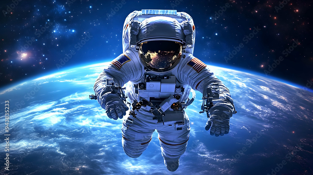 Poster astronaut floating in space with earth in the background.