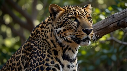 A majestic leopard, its piercing green eyes fixed on the viewer, exuding a sense of both beauty and power.