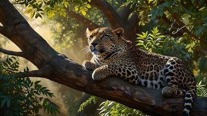 The leopard is perched atop a sturdy branch, its powerful limbs relaxed and its gaze fixed on...