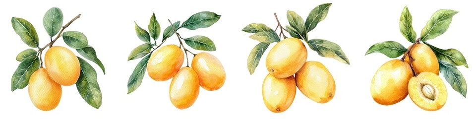 A fresh loquat, fruit element, watercolor illustration, tropical yellow, isolated on white background