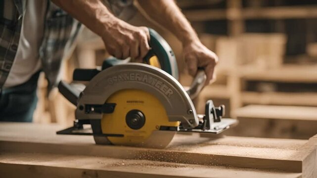 Carpenter working with circular blade saw, splitting brown wooden desk (selective focus)