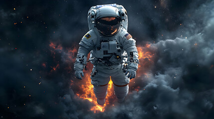 Astronaut floating in space with fire and smoke behind him.