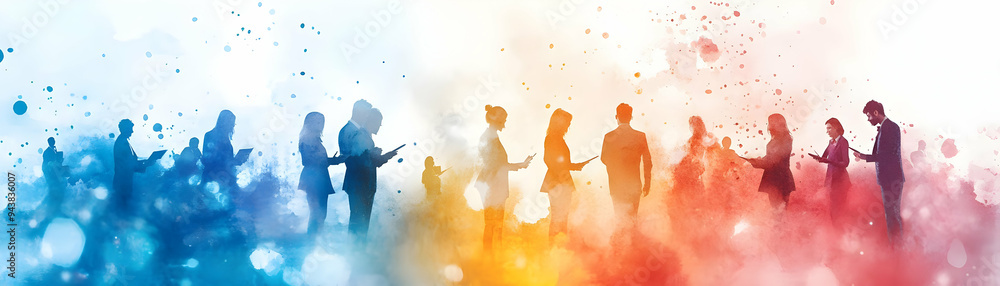 Aufkleber people with watercolor strategy maps and tablets concept as a group of people creating watercolor st