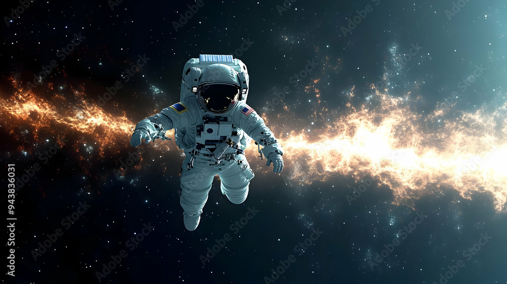 Poster astronaut floating in space with glowing nebula in the background.