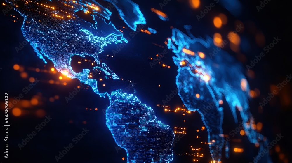 Poster A glowing digital map of the world, showcasing the Americas with illuminated data points, symbolizing global connectivity and technology.