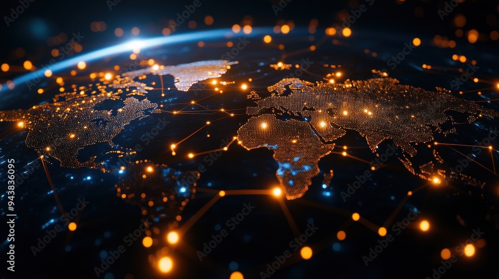 Poster A futuristic depiction of global networking and technology with glowing data points connecting continents on a dark background.