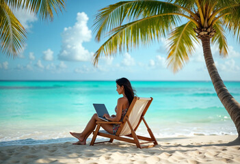 Digital Nomad Working Remotely on Tropical Beach