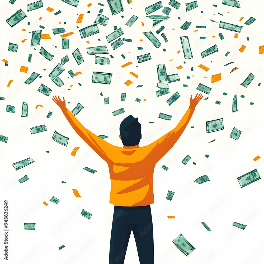 Poster person throwing money in air concept as a person throwing money into the air with a plain background