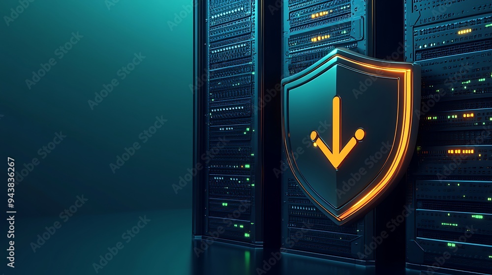 Aufkleber cybersecurity data center server with shield, glowing neon lights, data protection and security tech