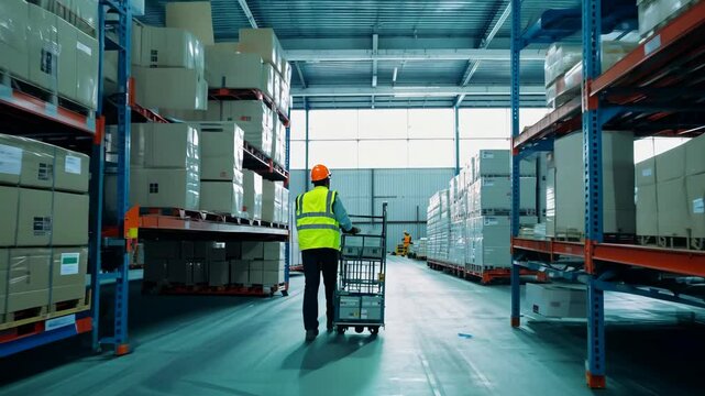 Worker transporting supplies in a warehouse with organized shelves during daytime operations