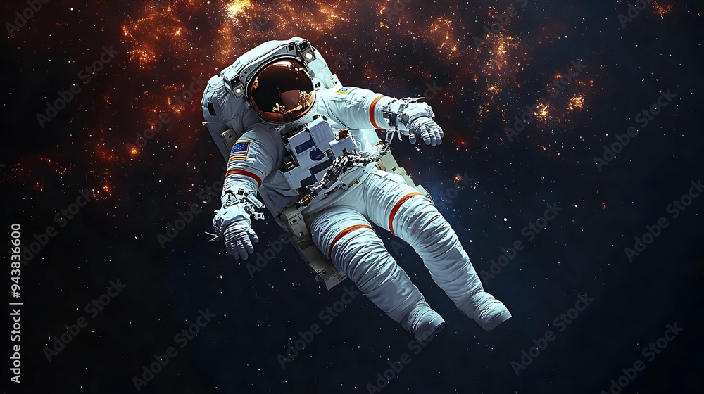 Poster astronaut floating in space with stars and nebula in the background.