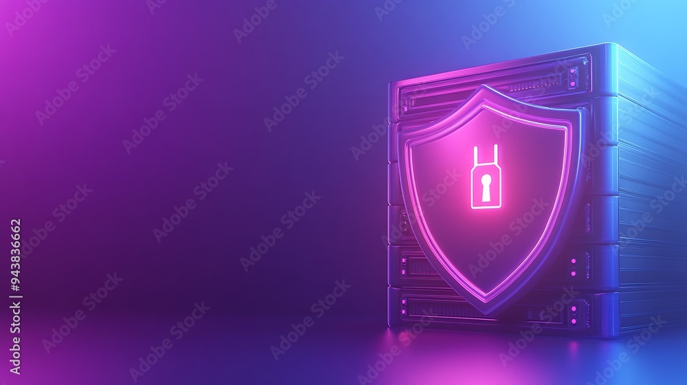 Aufkleber cybersecurity image with a digital shield and lock icon on a neon background, symbolizing data prote